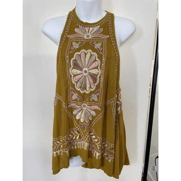 Free People Gold Mustard Embroidered Flowy Tank Top Oversized Fit SZ XS - Picture 2 of 16